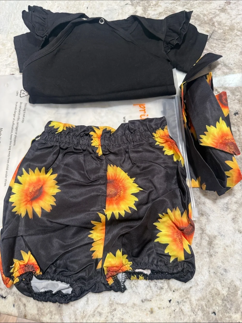 Little Miss Sassy Pants Black Baby Onesie with Sunflower Shorts & Headband